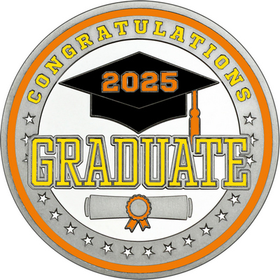 Yellow "Congratulations Graduate" with Orange 2025, Rim, Tassel & Ribbon